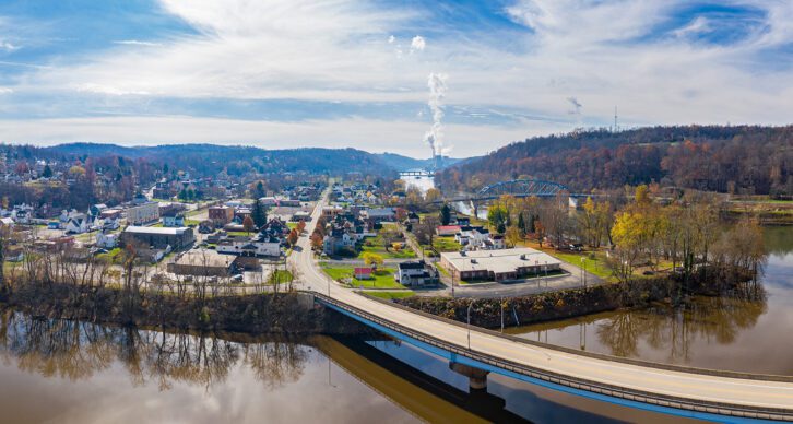 Point Marion from drone with Fort Martin coal power station on River Monongahela in the background.