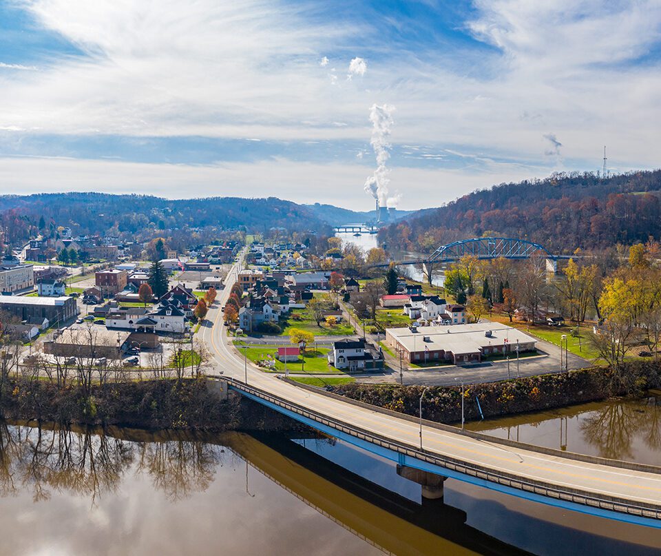 Point Marion from drone with Fort Martin coal power station on River Monongahela in the background.