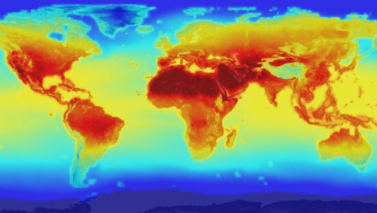 Map of the globe showing regions that are hottest and coldest.