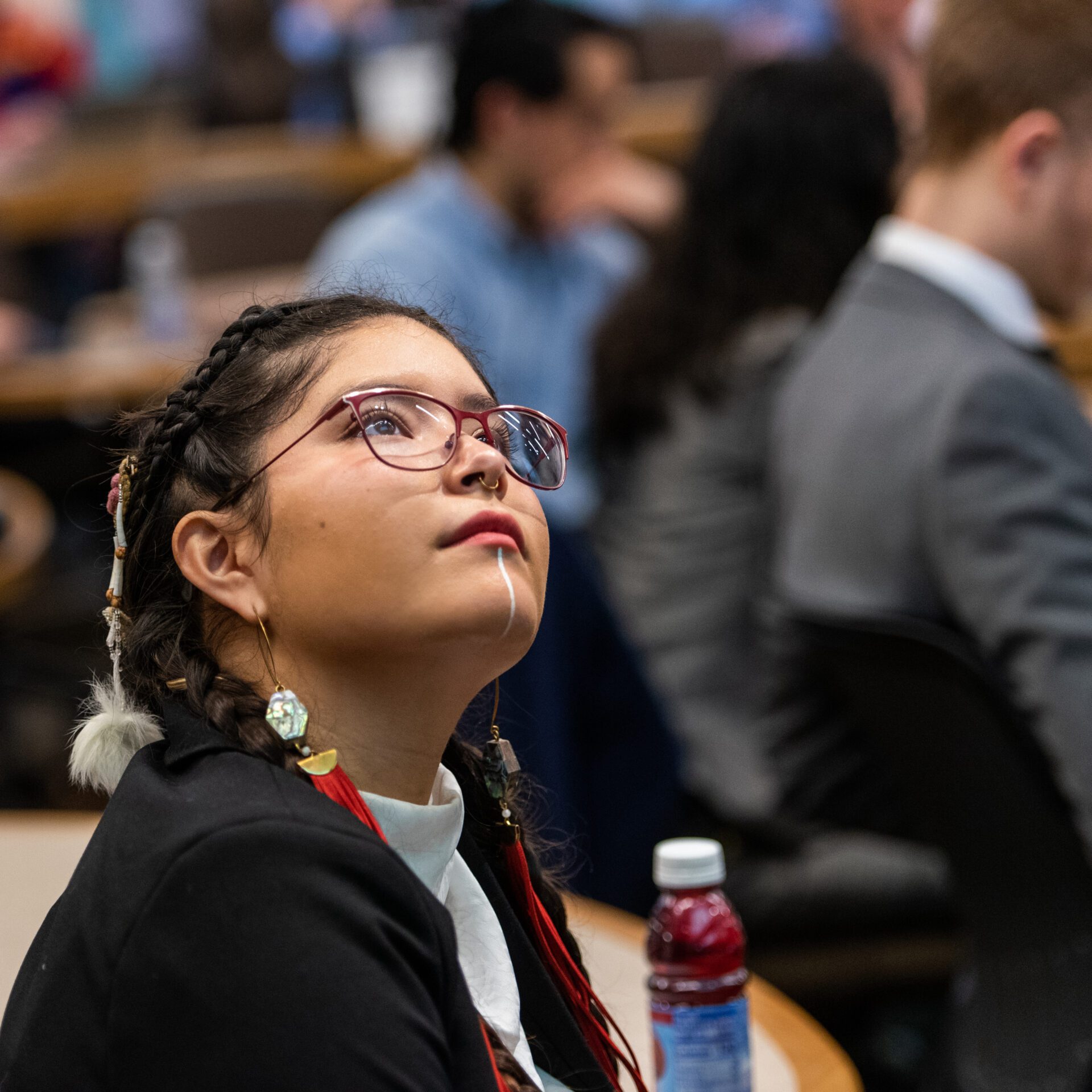 A young Native American girl with braids is looking up.