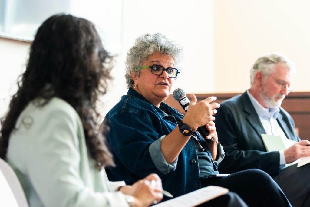 Izabella Teixeira gestures while speaking during her talk at Harvard University