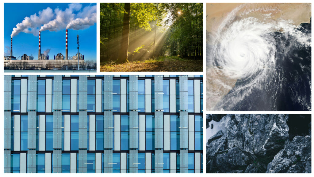 a grid of photos shows several scenes: a power plant with red striped smoke stacks, sunlight streaming through trees in a forest, a hurricane over a landmass, a large expanse of windows on a modern building, and dark, igneous rock.