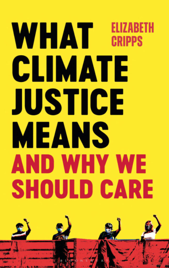 Yellow book cover with people holding a red banner and raising fists at the bottom. What Climate Justice Means and Why We Should Care. Elizabeth Cripps 
