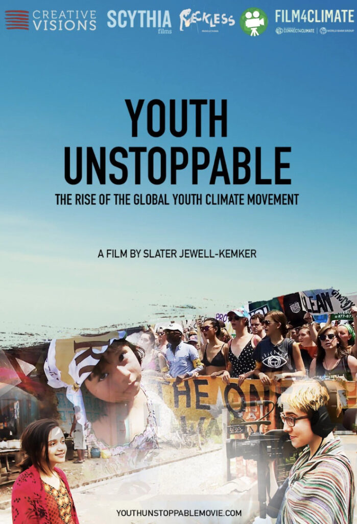 Collage of images of young people, climate activists, a young person holding a video camera against a blue sky background. Youth Unstoppable. The rise of the global youth climate movement. 