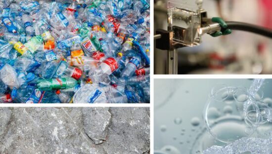 Four quadrants of the image show: a pile of plastic bottles; technology in a lab; gray rock surface; and a bubble in a blue liquid.