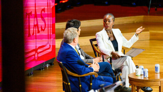Nili Gilbert moderates a main-stage session at Harvard Climate Action Week.
