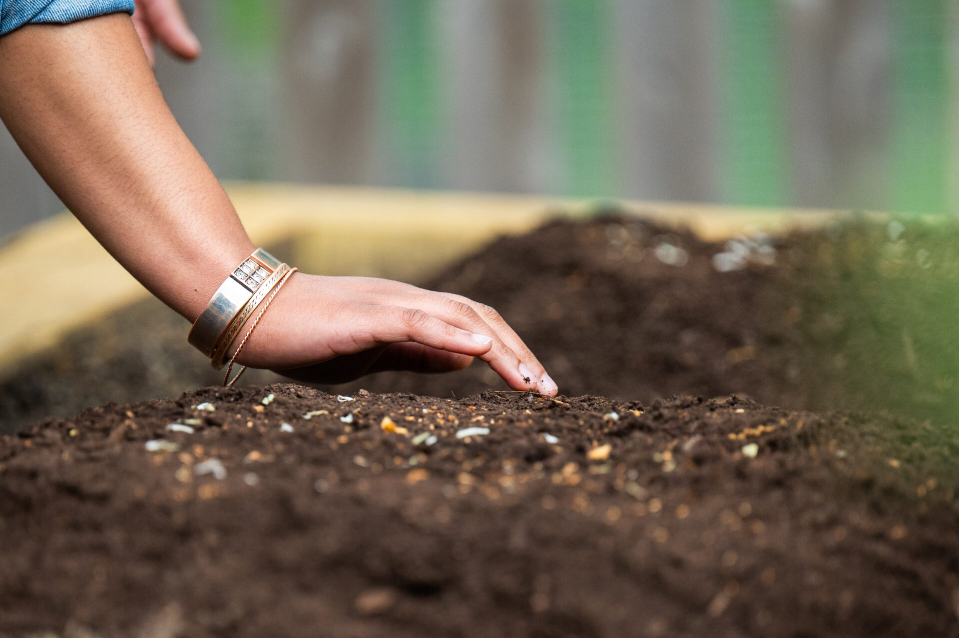 A hand wearing gold bracelets buries a seed in soil