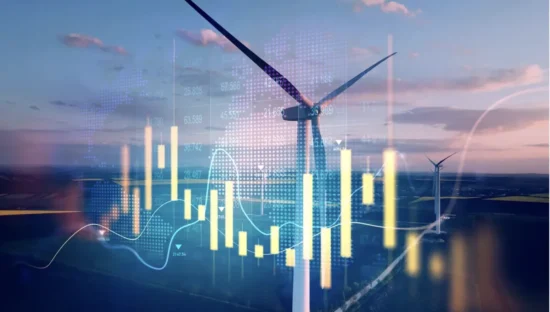 windmill at sunset, overlaid with graph indicating ups and downs