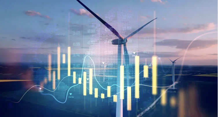 windmill at sunset, overlaid with graph indicating ups and downs