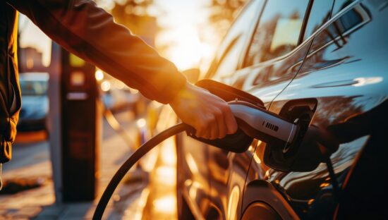 An electric vehicle EV is charging