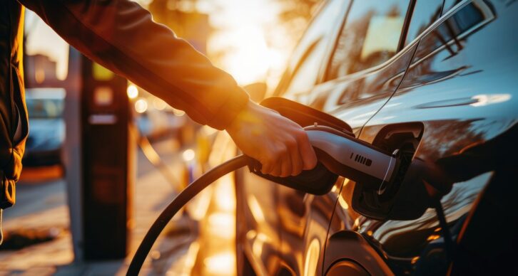An electric vehicle EV is charging