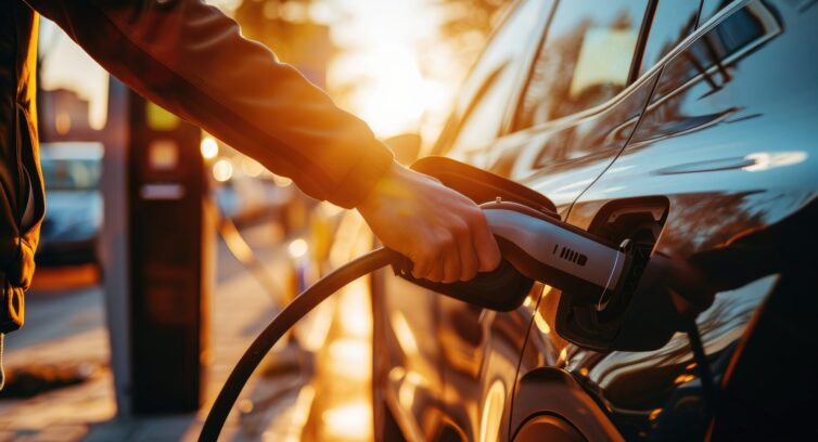 An electric vehicle EV is charging