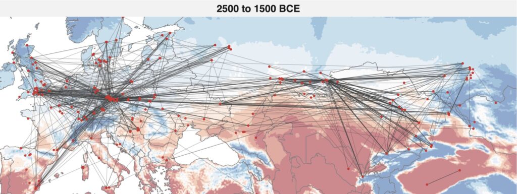 Each line connects a pair of individuals sharing a common ancestor within approximately 6–10 generations. (Huybers et al.)