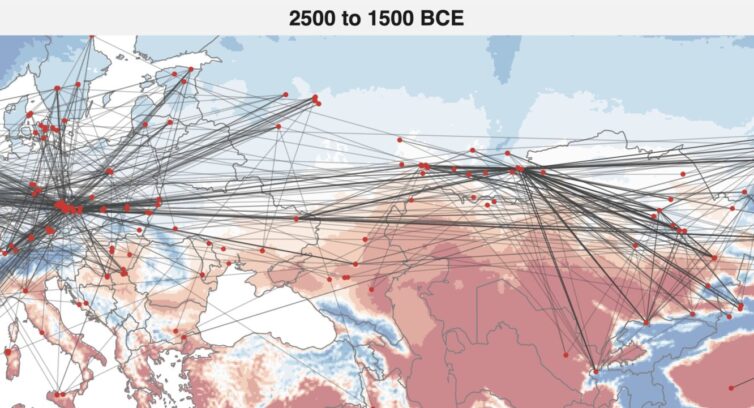 Each line connects a pair of individuals sharing a common ancestor within approximately 6–10 generations. (Huybers et al.)