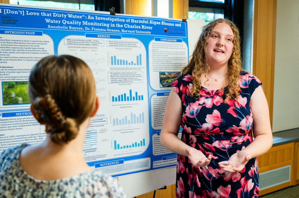 Anabelle Rayson presents a poster on water quality monitoring in the Charles River