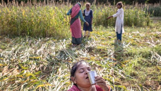 Farmer in India drinking water in heat
