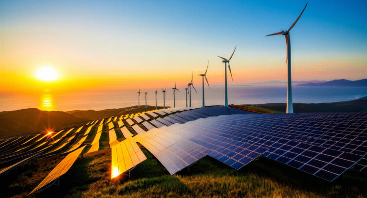 clean energy production and a sunset over the ocean