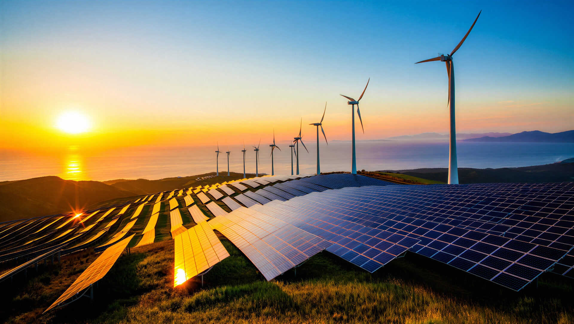 clean energy production and a sunset over the ocean
