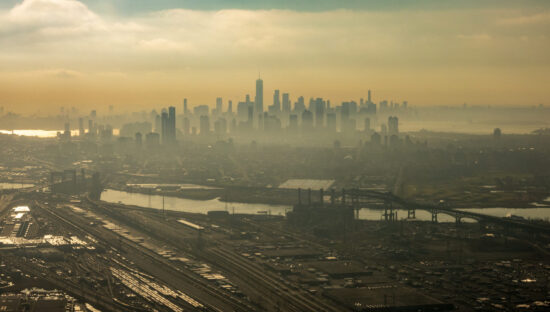 Misty polluted view of New York City and New Jersey from airplane
