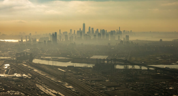 Misty polluted view of New York City and New Jersey from airplane